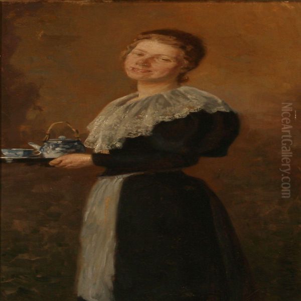 A Lady With A Tea Tray Oil Painting by Cilius Andersen