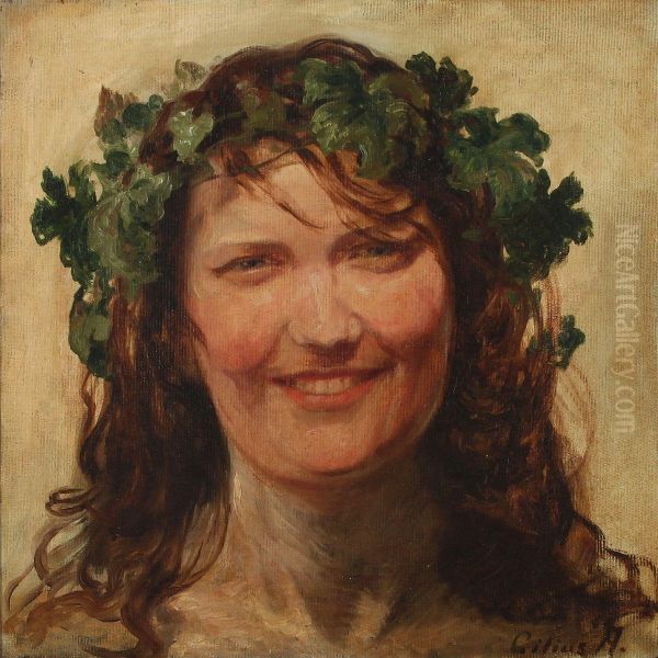 Portrait Of A Young Woman With Wine Leaves Wreath Oil Painting by Cilius Andersen