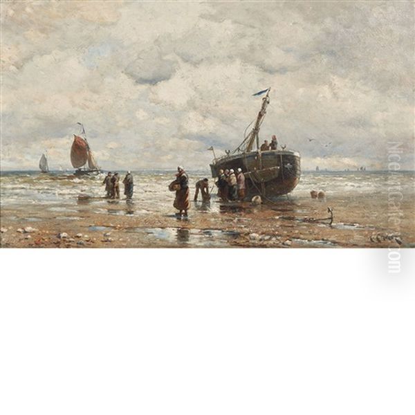 Fisherfolk And Boats By The Shore Oil Painting by Henry Chase