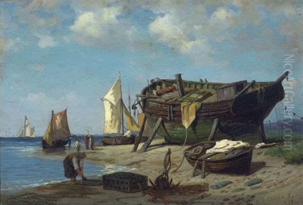 Boats And Figures On The Shore Oil Painting by Henry Chase