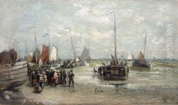 Sailing Vessels On A Beach With Figures Oil Painting by Henry Chase