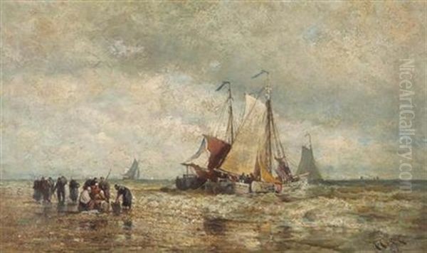 Sailships On Beach Oil Painting by Henry Chase