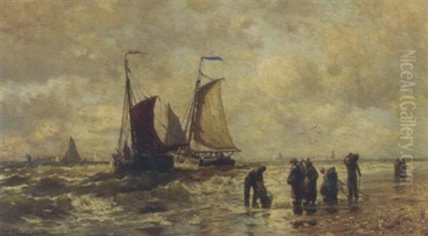 Fisherfolk On The Beach At Scheveningen Oil Painting by Henry Chase