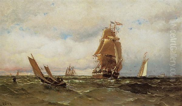 Several Ships At Sail With A Distant Lighthouse Oil Painting by Henry Chase