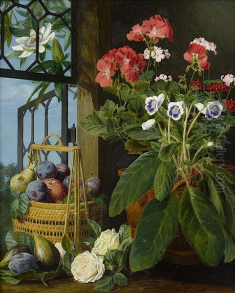 A Still Life With Potted Flowers And Fruit Oil Painting by Marian Chase