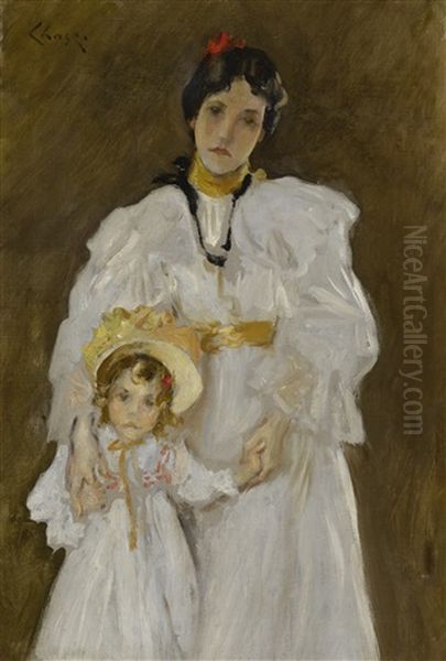 Double Portrait: A Sketch (sketch For The Portrait Of Mother And Child) Oil Painting by William Merritt Chase