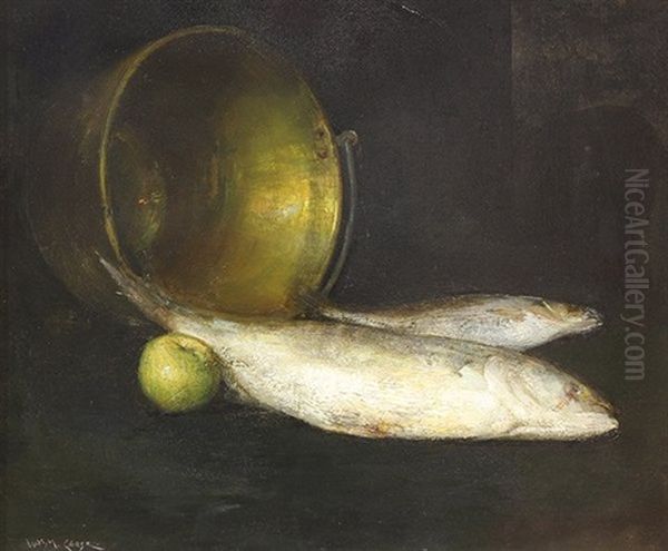 Still Life With Fish, Apple, And Bowl Oil Painting by William Merritt Chase