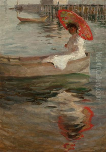 Woman With Crimson Parasol Oil Painting by William Merritt Chase