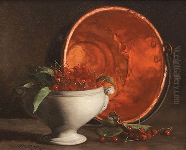 Still Life With Cherries And Copper Bowl Oil Painting by William Merritt Chase