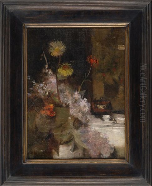 Still Life Of Daisies And Liliacs Oil Painting by William Merritt Chase