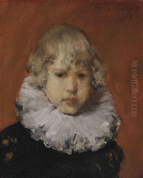 Young Boy With White Ruffled Collar Oil Painting by William Merritt Chase