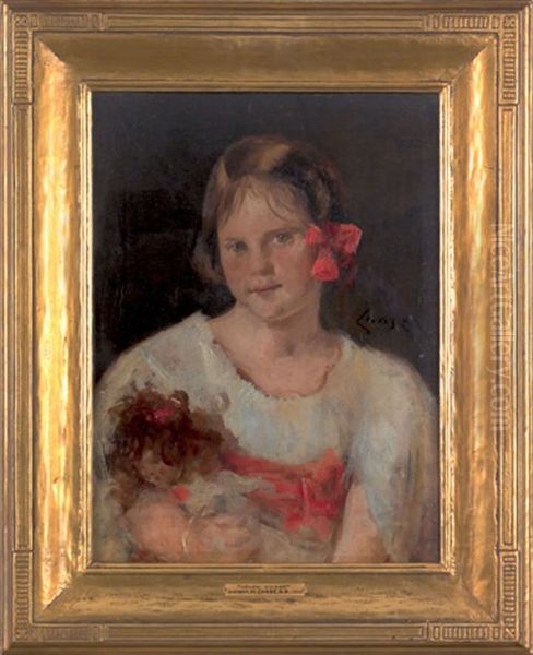 Portrait Of The Artist's Daughter, Helen Velasquez Chase, Wearing A White Dress With A Red Bow In Her Hair And Holding Her Doll Oil Painting by William Merritt Chase