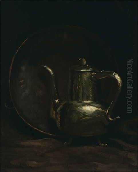 Still Life - Silver Teapot And Copper Charger Oil Painting by William Merritt Chase