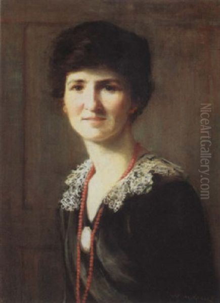 Portrait Of A Lady With A Red Bead Necklace Oil Painting by William Merritt Chase