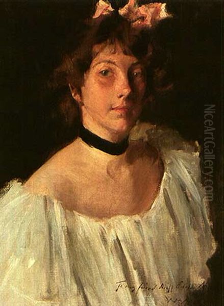 Portrait Of A Lady In A White Dress (miss Edith Newbold) Oil Painting by William Merritt Chase