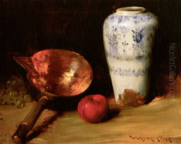 Still Life With China Vase, Copper Pot, An Apple And A      Bunch Of Grapes Oil Painting by William Merritt Chase