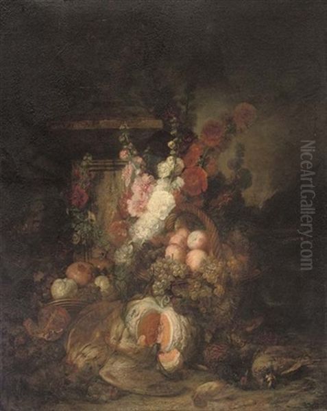 Roses, Grapes On The Vine, Pomegranates, Peaches, Strawberries, A Melon And Dead Game Birds By A Basket Near A Plinth In A Garden Clearing by Henri-Jean-Saint-Ange Chasselat