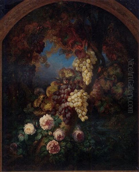 A Cornucopia Of Fruit And Flowers In A Garden Oil Painting by Henri-Jean-Saint-Ange Chasselat