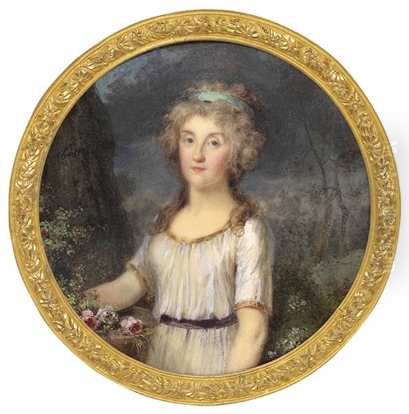 Comtesse Etienne De Durfort, Nee Henriette Etiennette Claude Denise De Montsauge In White Dress, Standing In A Landscape Oil Painting by Pierre Chasselat