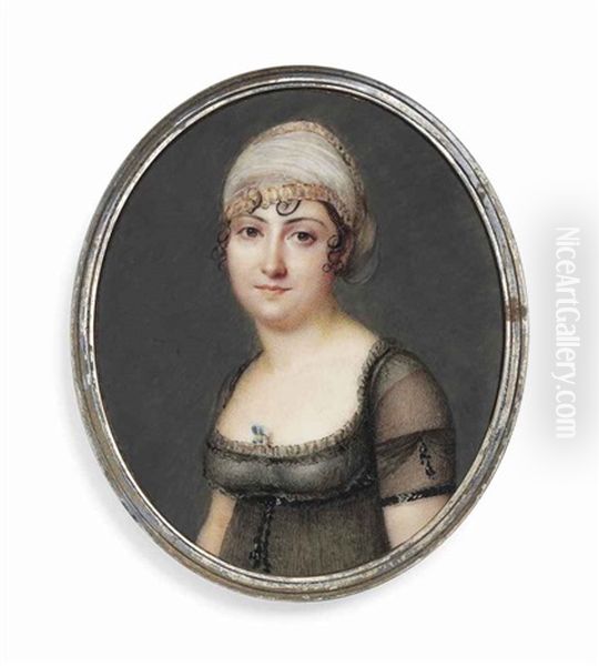 A Young Lady, In Decollete Black Muslin Dress Over White Underdress, A Nosegay At Corsage, Gold-bordered White Turban Over Her Dark Curling Hair Oil Painting by Pierre Chasselat