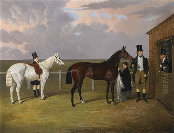 Portrait Of Comte Oscar De Ranchicourt Leaving For The Hunt; Portrait Of Comtesse De Ranchicourt Leaving For The Hunt: A Pair Oil Painting by Theodore Chasseriau