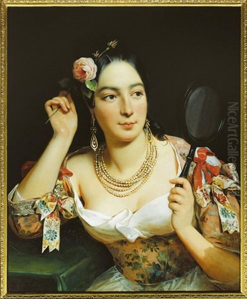 Bildnis Der Alice Ozy In Sudlandischem Kostum Mit Spiegel Oil Painting by Theodore Chasseriau