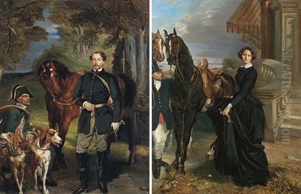 Portrait Of Comte Oscar De Ranchicourt Leaving For The Hunt (+ Portrait Of Comtesse De Ranchicourt Leaving For The Hunt; 2 Works) Oil Painting by Theodore Chasseriau