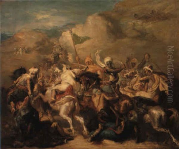 Bataille De Cavaliers Arabes Autour D'un Etendard Oil Painting by Theodore Chasseriau