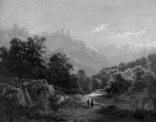 Abendliche Gebirgslandschaft Mit Wanderndem Bauernpaar Oil Painting by Philibert Chastellain