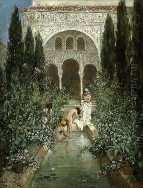 Drei Frauen Beim Bade Im Garten Eines Serail Oil Painting by Marc Alfred Chataud