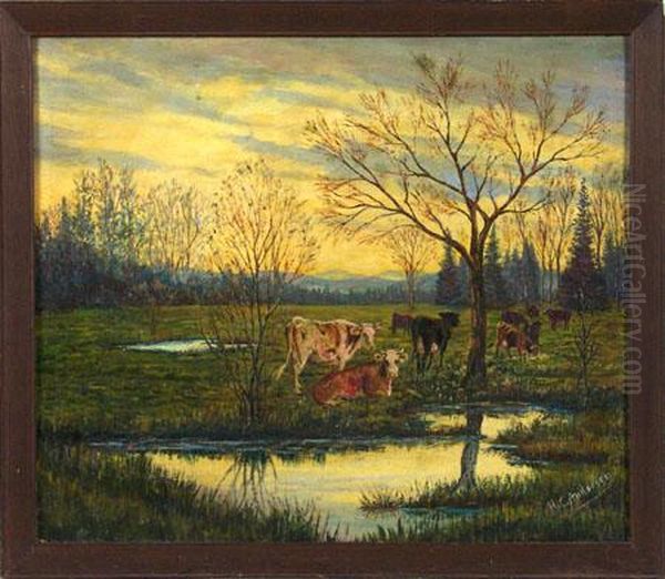 Cows At A Watering Hole Oil Painting by Hans Christian Andersen