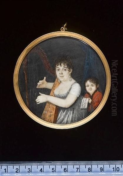 A Lady Wearing Decollete Grey Dress With White Sleeves, Drop Pearl Earrings, Her Hair Upswept, Playing A Harp, Her Son Beside Her Oil Painting by Le Chevalier de Chateauborg