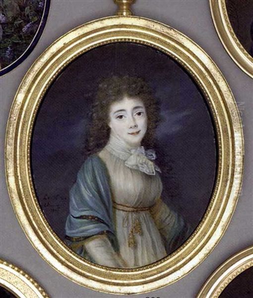 Louise Landgravine Of Hesse-darmstadt, In White Muslin Dress With Gold-bordered Pale Blue Shawl Draped Around Her Shoulders, Muslin Scarf Tied In A Bow At Neck, Long Curling Dark Hair Oil Painting by Le Chevalier de Chateauborg