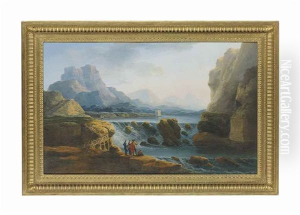 A Mountainous Landscape With Figures By A Wooden Bridge And A Cascade Oil Painting by Claude Louis Chatelet