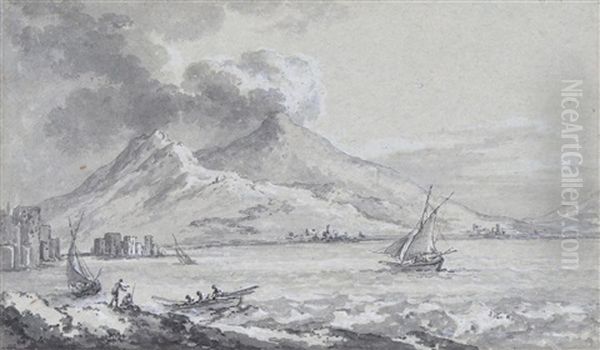 Ships On The Coast At Stromboli Oil Painting by Claude Louis Chatelet