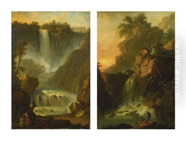 A View Of The Cascata Delle Mamore, Near Terni, Outside Rome, With A Group Of Elegantly Dressed Figures Picnicking In The Foreground And Fishermen By The Water's Edge; And A View Of The Large Cascade With Fishermen In The Foreground, A House Atop The Clif Oil Painting by Claude Louis Chatelet