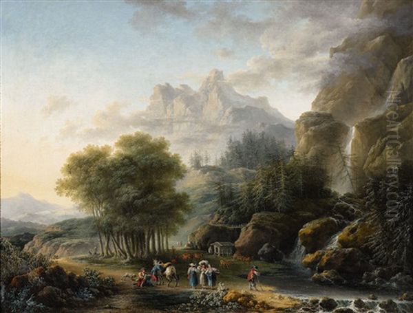 A Mountainous Landscape With A Lake And Anglers (+ A Mountainous Landscape With A Waterfall; 2 Works) Oil Painting by Claude Louis Chatelet