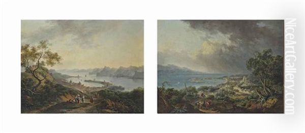 A View Messina From The South-west; A View Of Messina From The North, With The Santuario Della Madonna Di Montalto And Fortress (2 Works) Oil Painting by Claude Louis Chatelet