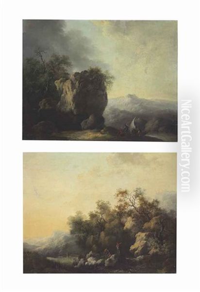 A Rocky Landscape With Fishermen Pulling A Boat Ashore; A Rocky Landscape With Figures Standing Beside A Stream (pair) Oil Painting by Claude Louis Chatelet