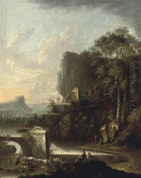 A Wooded River Landscape With Drovers Beside Classical Ruins, A Village Beyond Oil Painting by Claude Louis Chatelet