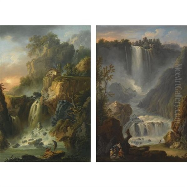 View Of The Grand Cascade And The Cascade Del Marmore At Terni, Near Rome (+ Another; Pair) Oil Painting by Claude Louis Chatelet