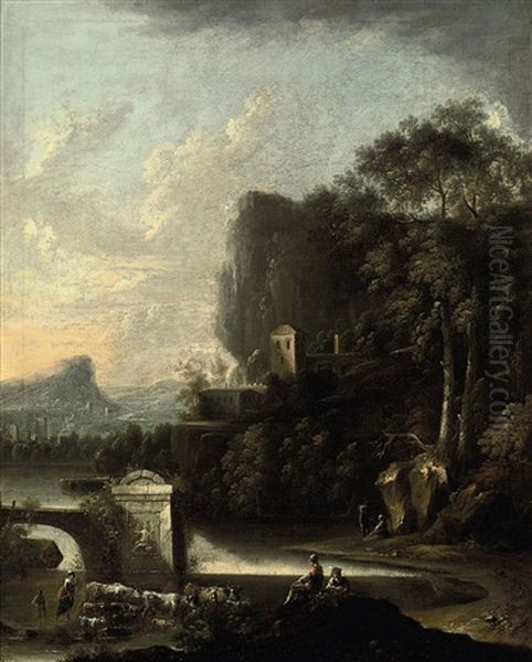 A Wooded River Landscape With Drovers Beside Classical Ruins, A Village Beyond Oil Painting by Claude Louis Chatelet