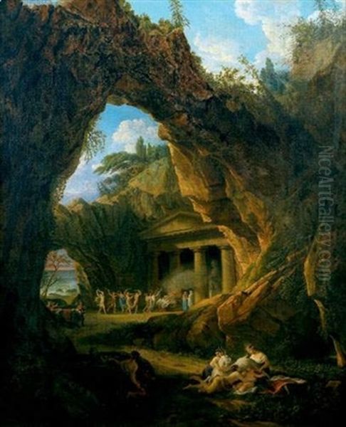 Jupiter Allaite Par La Chevre Amalthee Dans L'ile De Crete, Devant Le Temple De Cybele Avec Les Corybanthes Oil Painting by Claude Louis Chatelet