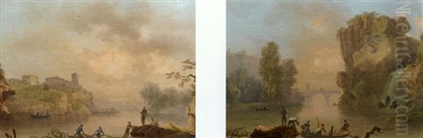 Pecheurs Sur La Riviere Au Bord De La Cascade (+ Pecheurs Sur La Riviere Pres D'un Vieux Chateau, Lrgr; 2 Works) Oil Painting by Claude Louis Chatelet