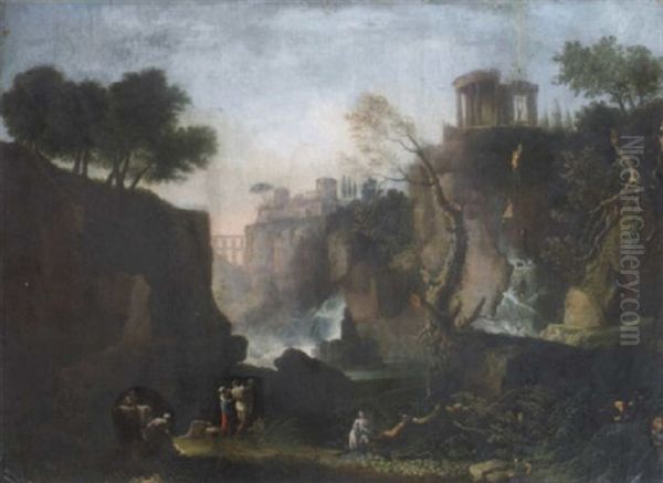 A Capriccio Landscape With Figures By A Waterfall And Classical Ruins Beyond Oil Painting by Claude Louis Chatelet