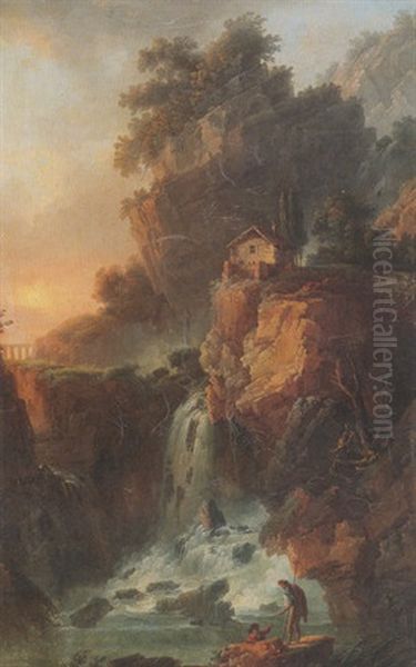 A View Of The Large Cascade At Terni Outside Rome, Near Foligno Oil Painting by Claude Louis Chatelet