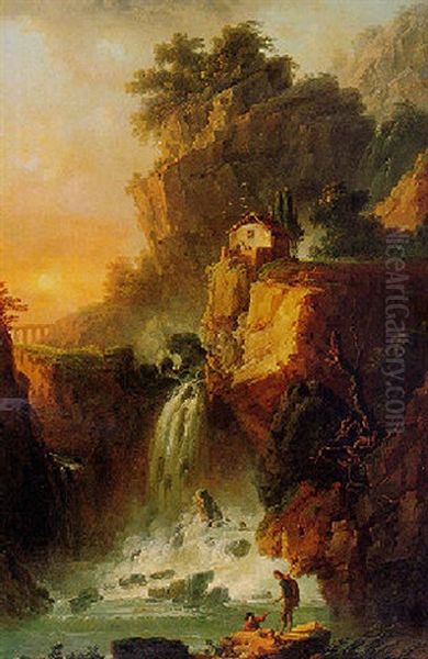 View Of The Waterfalls At Terni Oil Painting by Claude Louis Chatelet