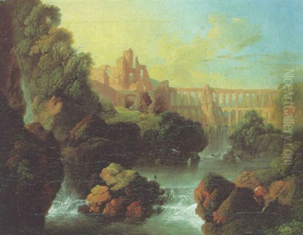 A Classical Landscape With A Waterfall Before An Aqueduct And Peasants In The Foreground Oil Painting by Claude Louis Chatelet