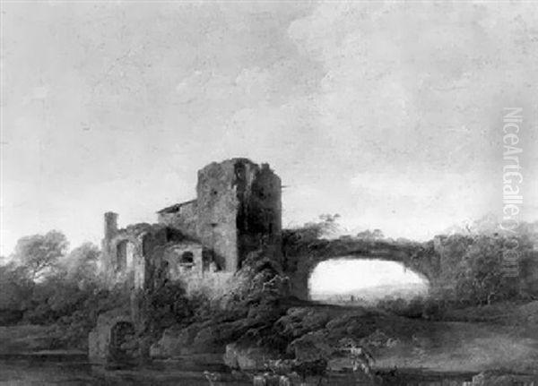 Ruines Antiques Dans Un Paysage Anime De Bergers by Claude Louis Chatelet