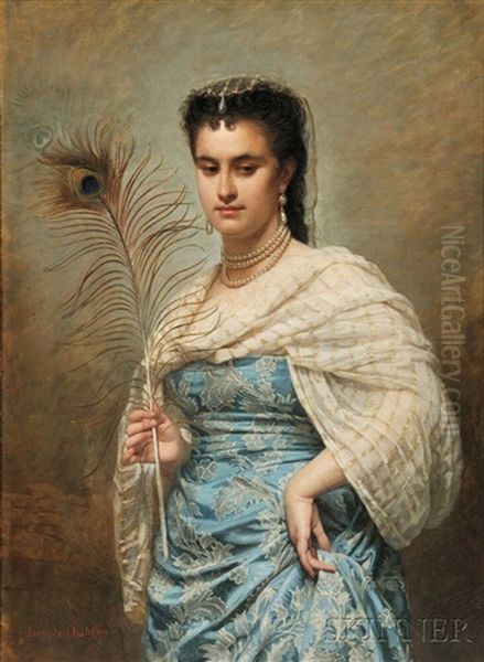 Woman With A Peacock Feather Oil Painting by Zoe-Laure de Chatillon